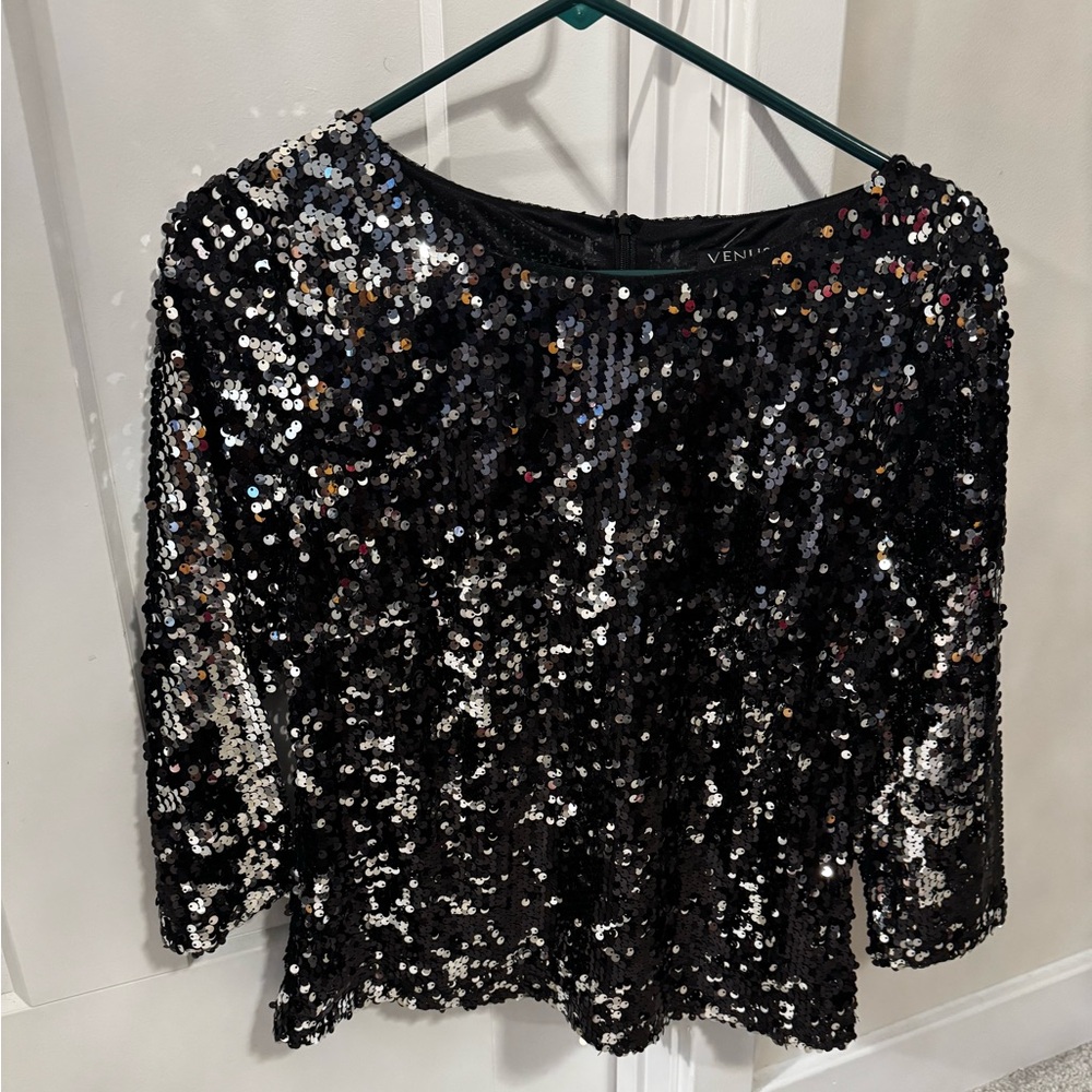 VENUS Black Sequin 3/4 Sleeve Blouse Size 8